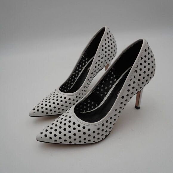NINE WEST WHITE PERFORATED UPPER POINTED TOE PUMPS BLACK POLKA DOT CUTOUT SZ 9M - Picture 2 of 6
